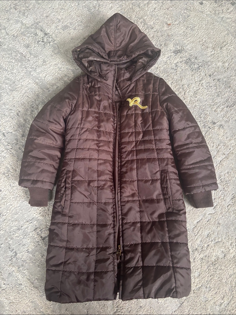 Rocawear Long Brown Quilted Hooded Kids Pajama Coat with Yellow Emblem